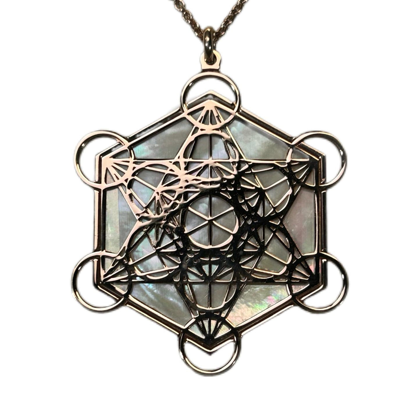 METATRON CIONDOLO ESAGONALE CON SFONDO MADREPERLA NATURALE