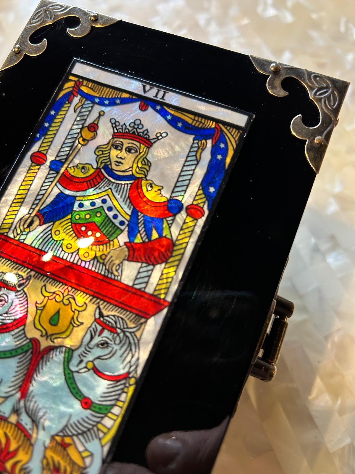 Scrigno in legno con Tarocchi di Marsiglia in Madreperla, scatola delle meraviglie Artigianale Elegante per Carte, Gioielli, Cristalli, Oggetti, Magic box