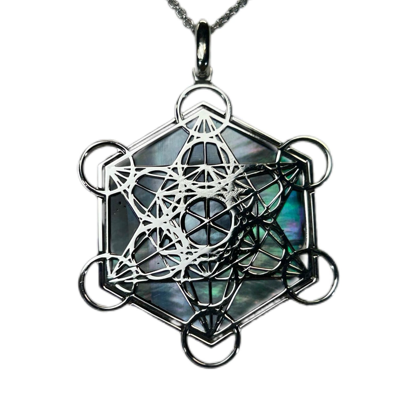 METATRON CIONDOLO ESAGONALE CON SFONDO MADREPERLA NATURALE