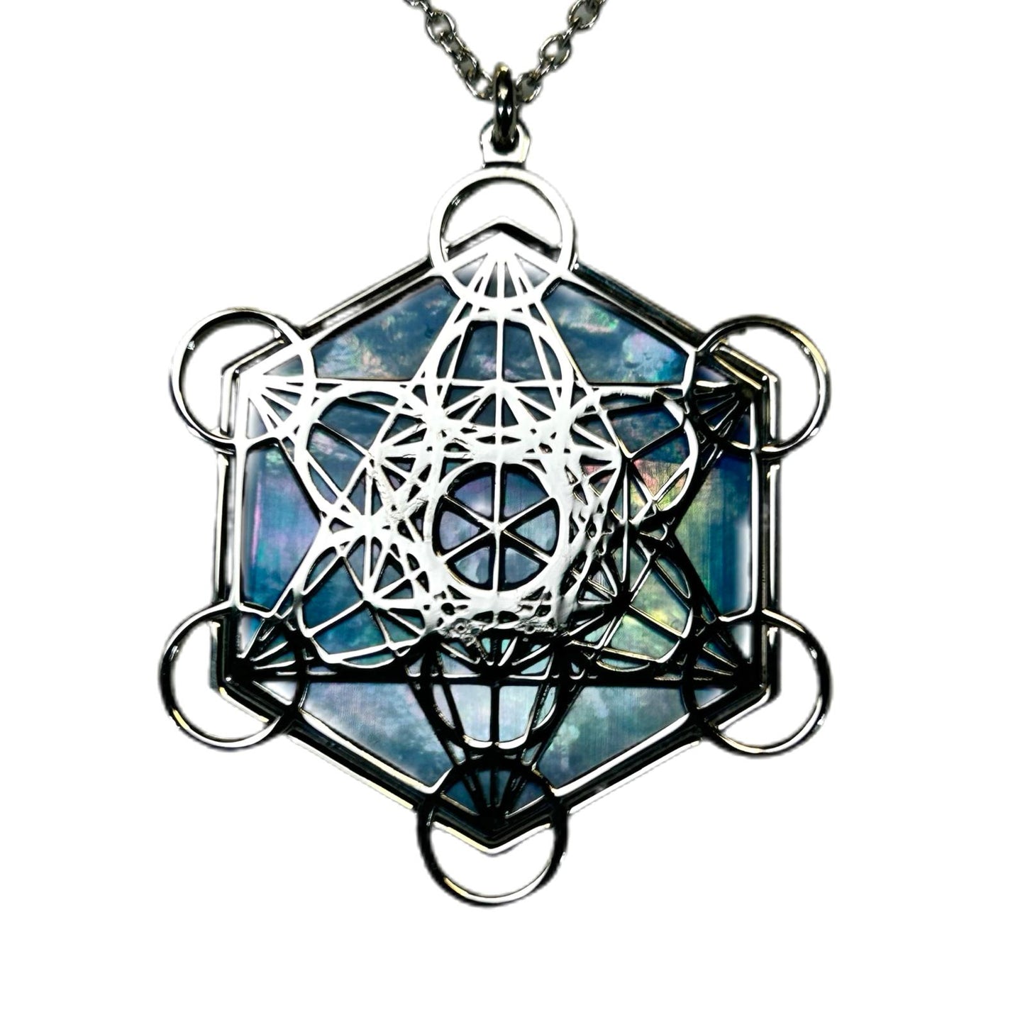 METATRON CIONDOLO ESAGONALE CON SFONDO MADREPERLA NATURALE