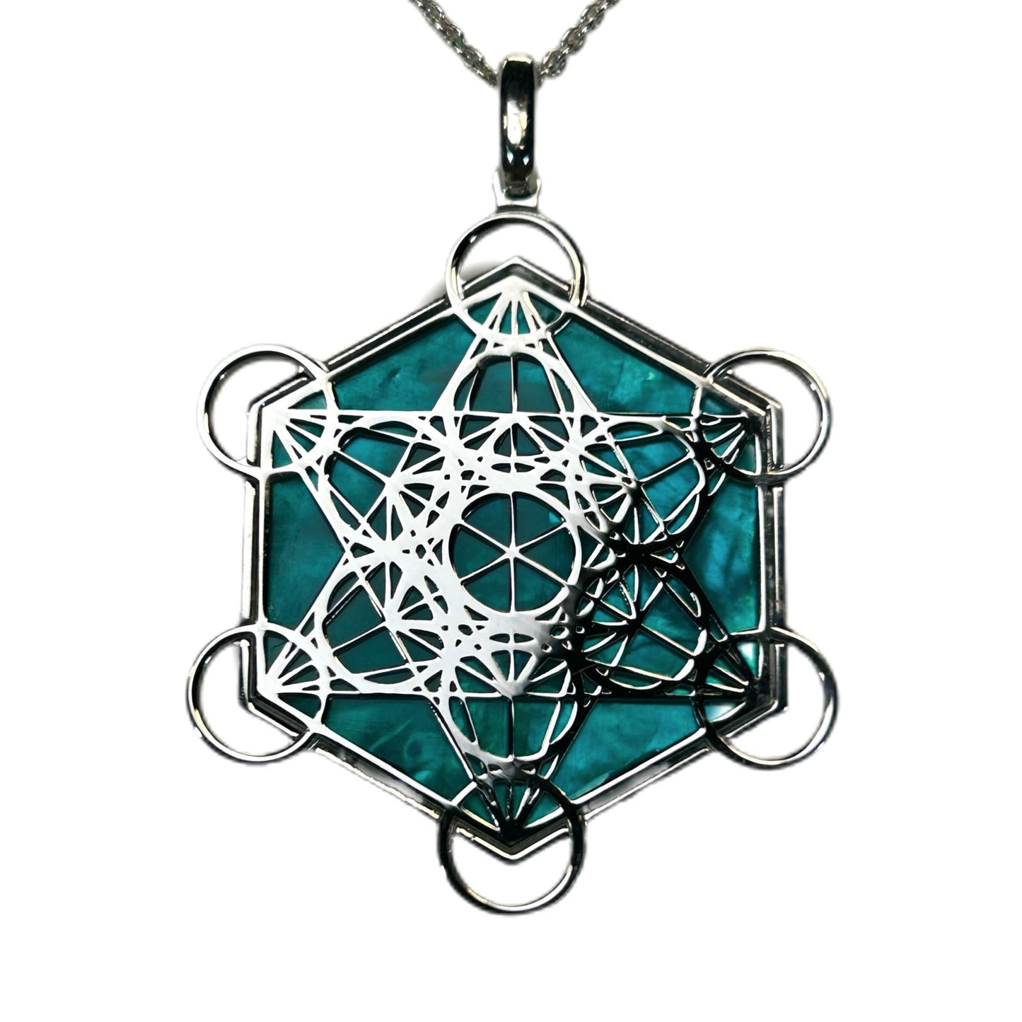 METATRON CIONDOLO ESAGONALE CON SFONDO MADREPERLA NATURALE