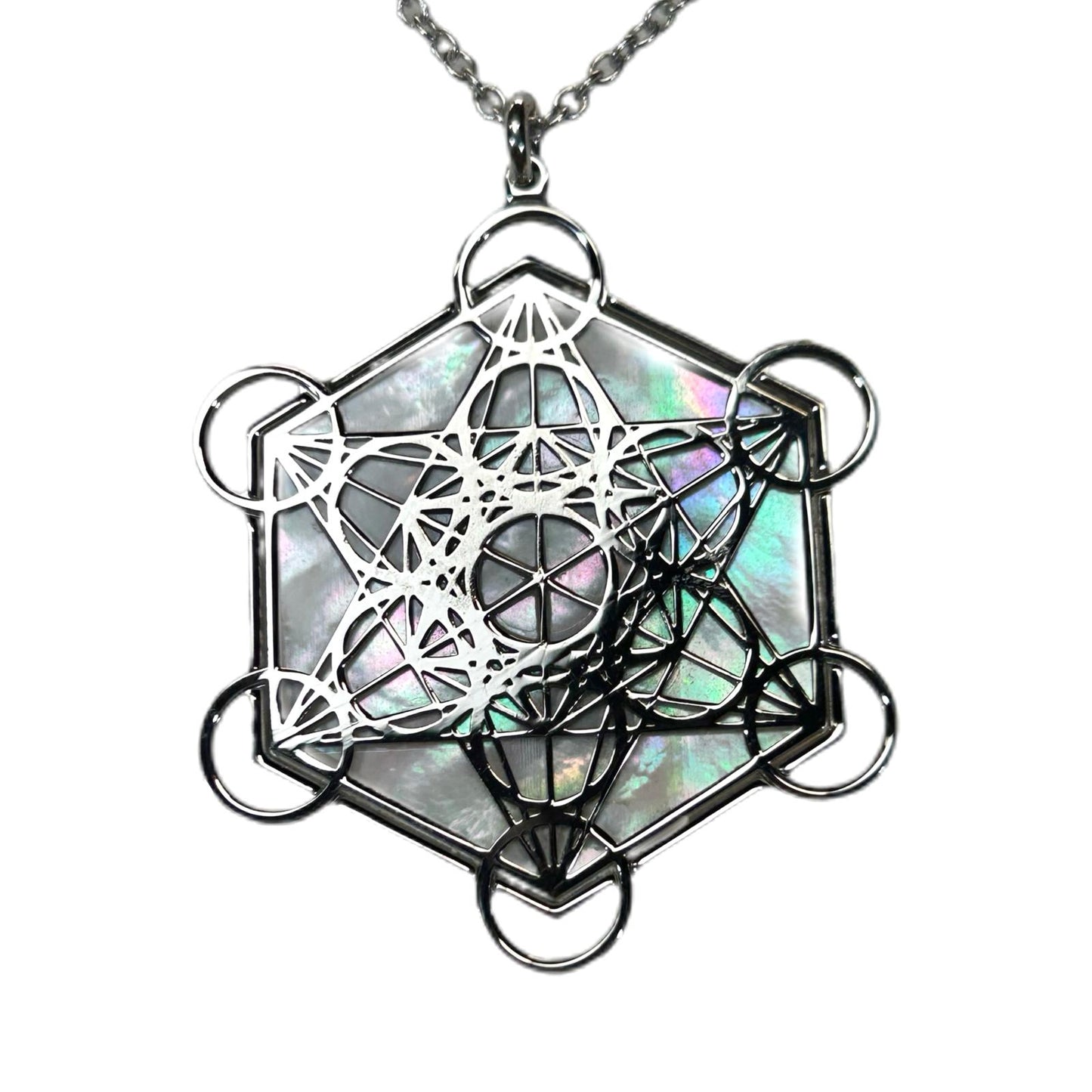 METATRON CIONDOLO ESAGONALE CON SFONDO MADREPERLA NATURALE