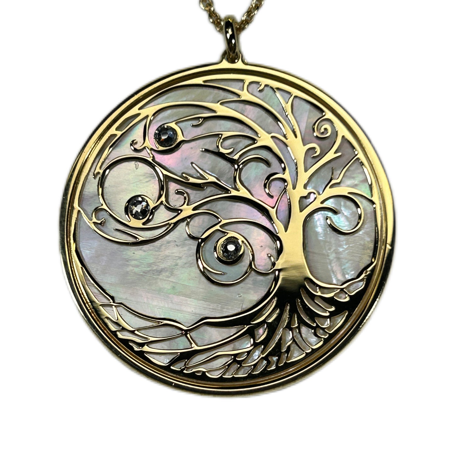 ALBERO DELLA VITA, CIONDOLO CON SFONDO IN MADREPERLA NATURALE E CRISTALLI. GIOIELLO SPIRITUALE COMPOSTO DA PENDENTE E COLLANA.