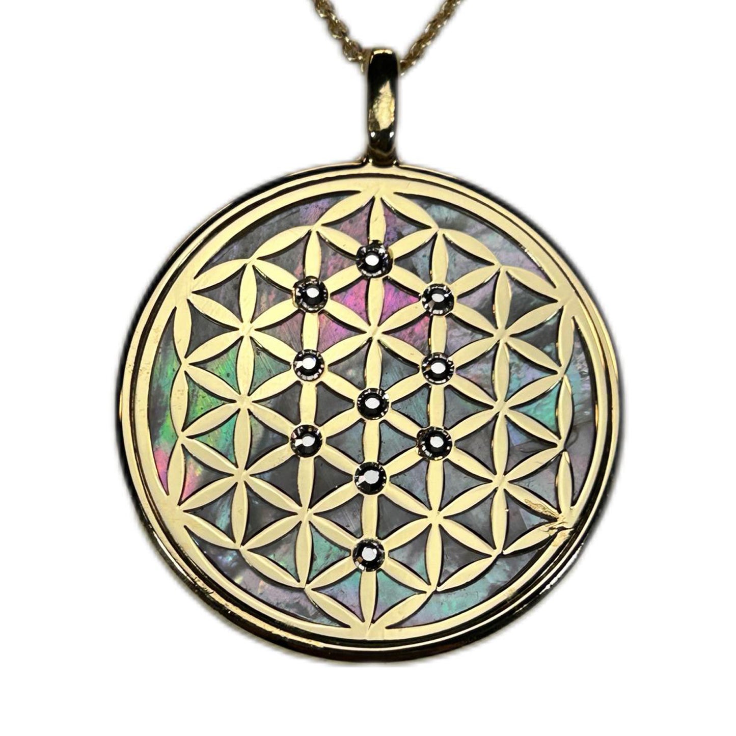 FIORE DELLA VITA, CIONDOLO CON SFONDO IN MADREPERLA NATURALE. GIOIELLO SPIRITUALE GEOMETRIE SACRE.