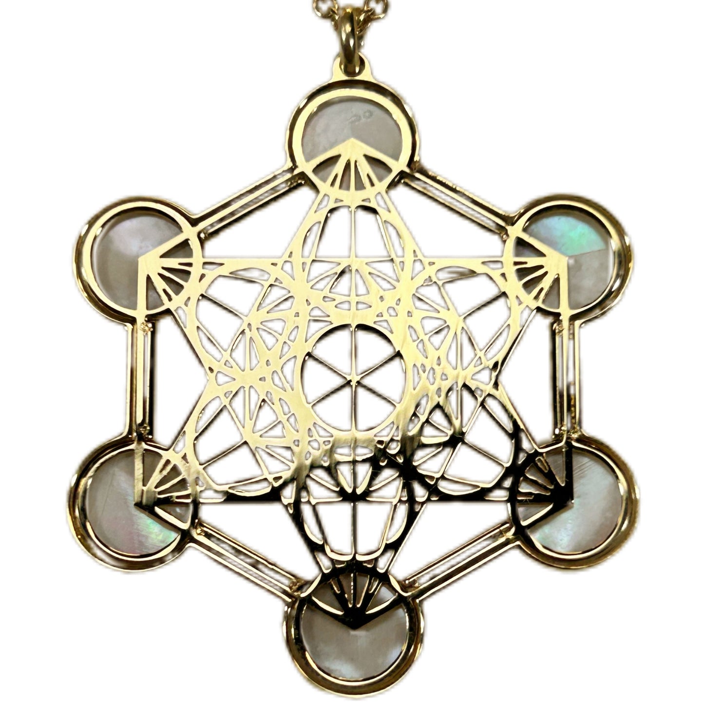 METATRON, CIONDOLO ESAGONALE TRAFORATO CON SFERE IN MADREPERLA NATURALE.