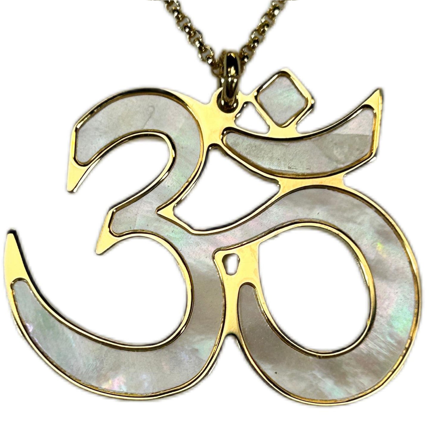 OM, CIONDOLO IN MADREPERLA NATURALE. SIMBOLO YOGA E MEDITAZIONE, GIOIELLO SPIRITUALE GEOMETRIE SACRE.