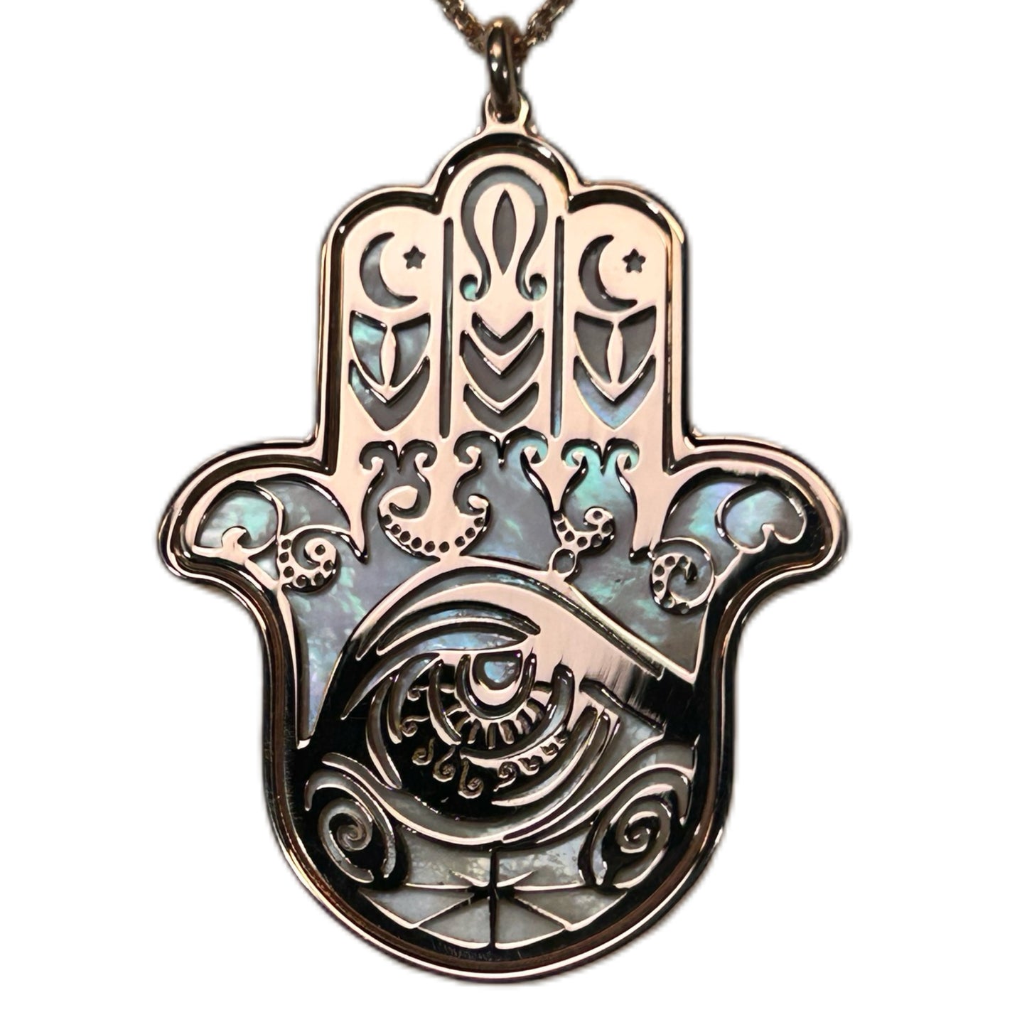 HAMSA, CIONDOLO MANO DI FATIMA O KHAMSA, CON MADREPERLA NATURALE