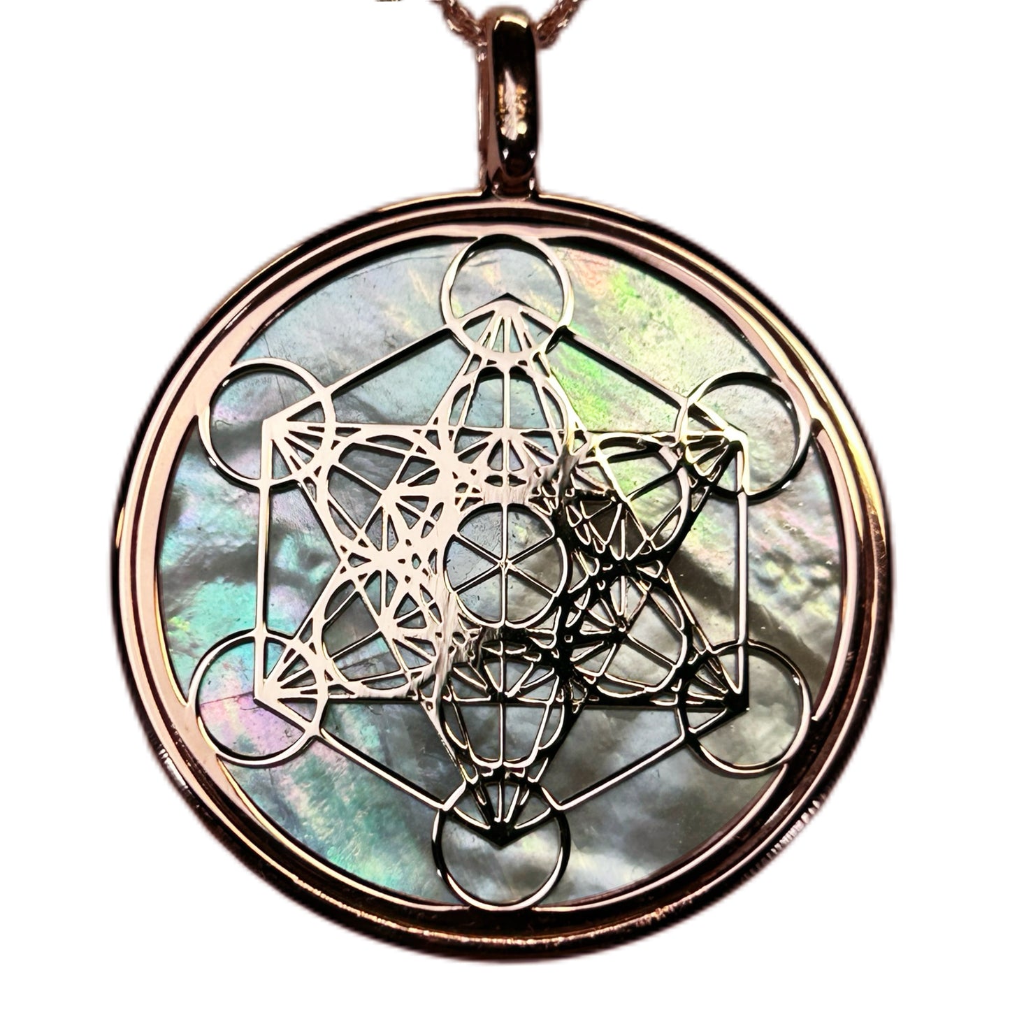 METATRON, CIONDOLO CON SFONDO IN MADREPERLA NATURALE.