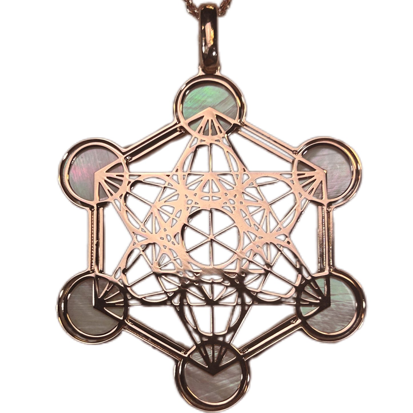 METATRON, CIONDOLO ESAGONALE TRAFORATO CON SFERE IN MADREPERLA NATURALE.