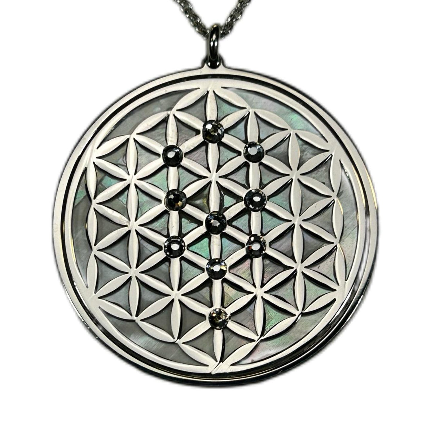 FIORE DELLA VITA, CIONDOLO CON SFONDO IN MADREPERLA NATURALE. GIOIELLO SPIRITUALE GEOMETRIE SACRE.