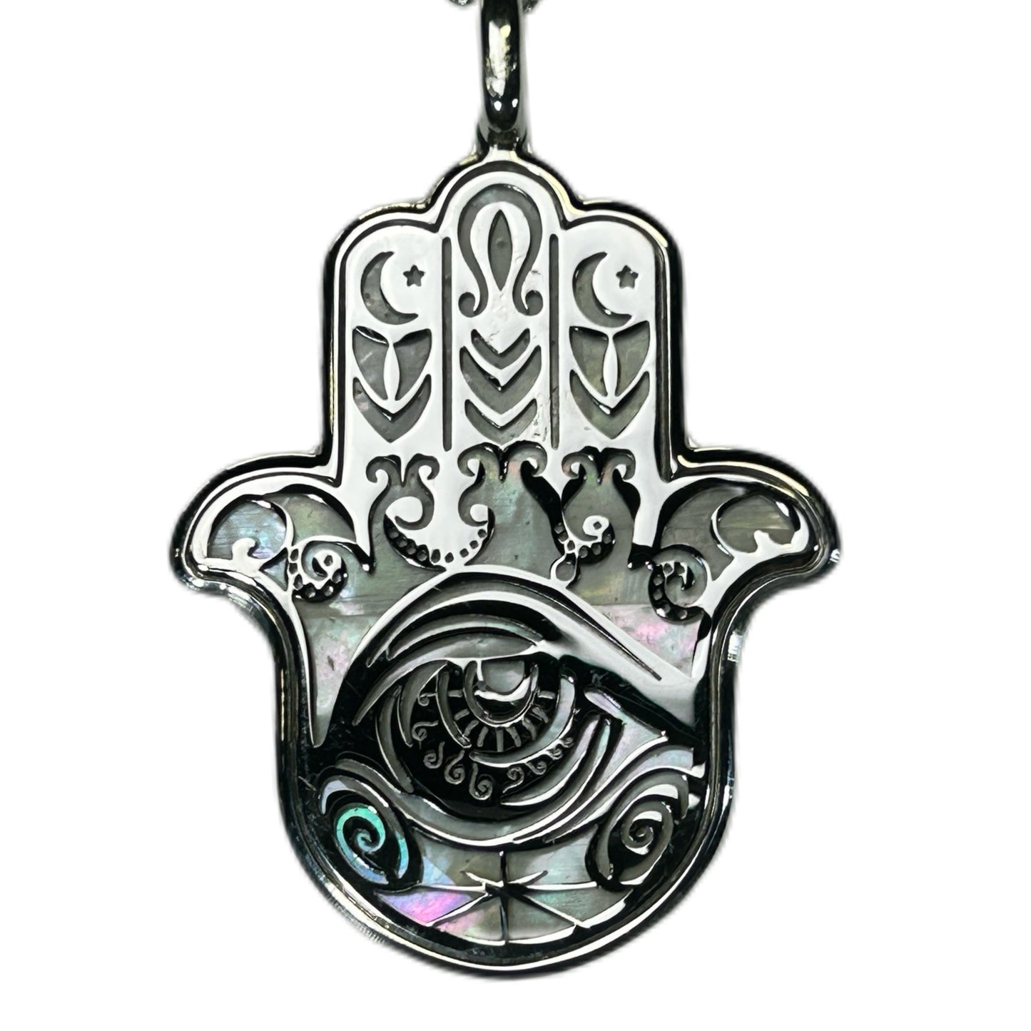 HAMSA, CIONDOLO MANO DI FATIMA O KHAMSA, CON MADREPERLA NATURALE