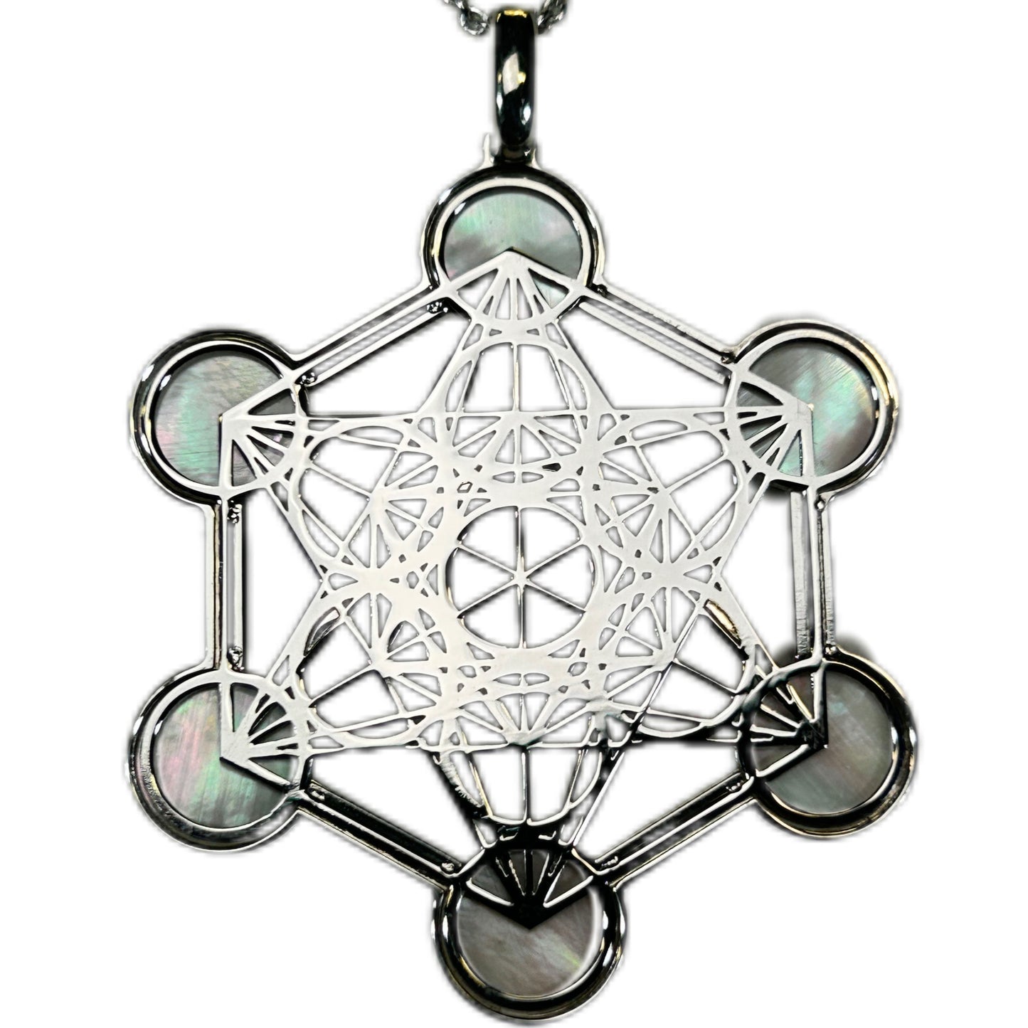 METATRON, CIONDOLO ESAGONALE TRAFORATO CON SFERE IN MADREPERLA NATURALE.