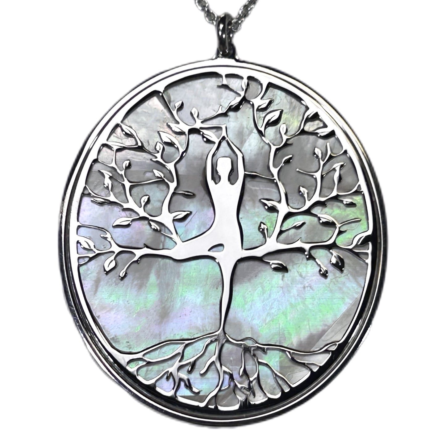 ALBERO DELLA VITA CON ASANA YOGA AL CENTRO, CIONDOLO CON SFONDO IN MADREPERLA NATURALE E CRISTALLI. GIOIELLO SPIRITUALE COMPOSTO DA PENDENTE E COLLANA, REGALO YOGA.