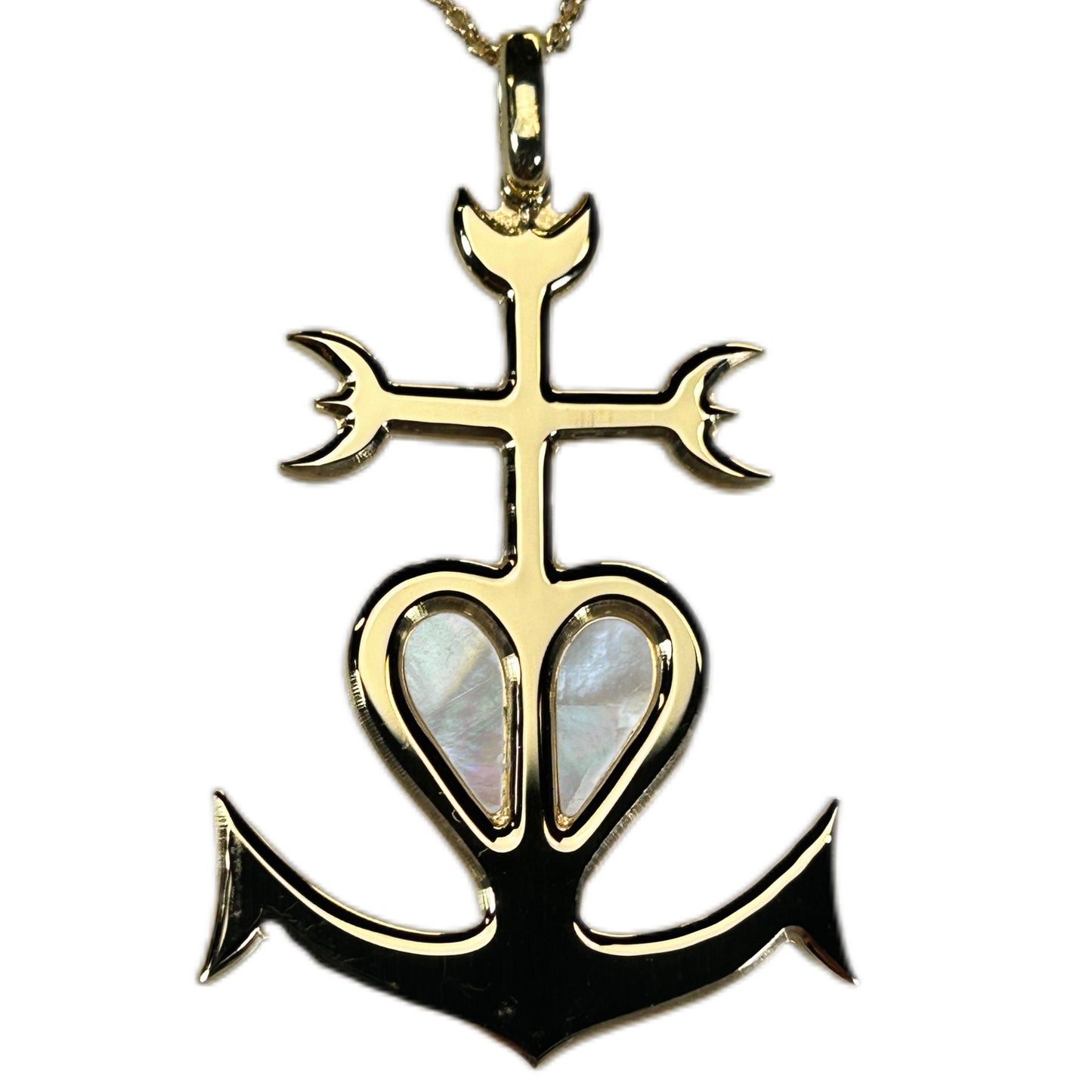 CROCE DELLA CAMARGUE, CON SFONDO IN MADREPERLA, CROCE GITANA CON ANCORA E CUORE.