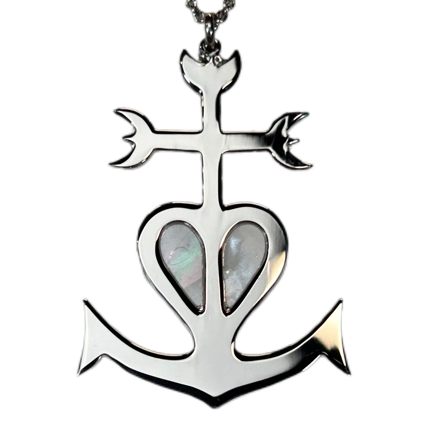 CROCE DELLA CAMARGUE, CON SFONDO IN MADREPERLA, CROCE GITANA CON ANCORA E CUORE.