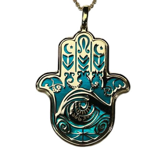 HAMSA, CIONDOLO MANO DI FATIMA O KHAMSA, CON MADREPERLA NATURALE