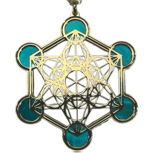 METATRON, CIONDOLO ESAGONALE TRAFORATO CON SFERE IN MADREPERLA NATURALE.