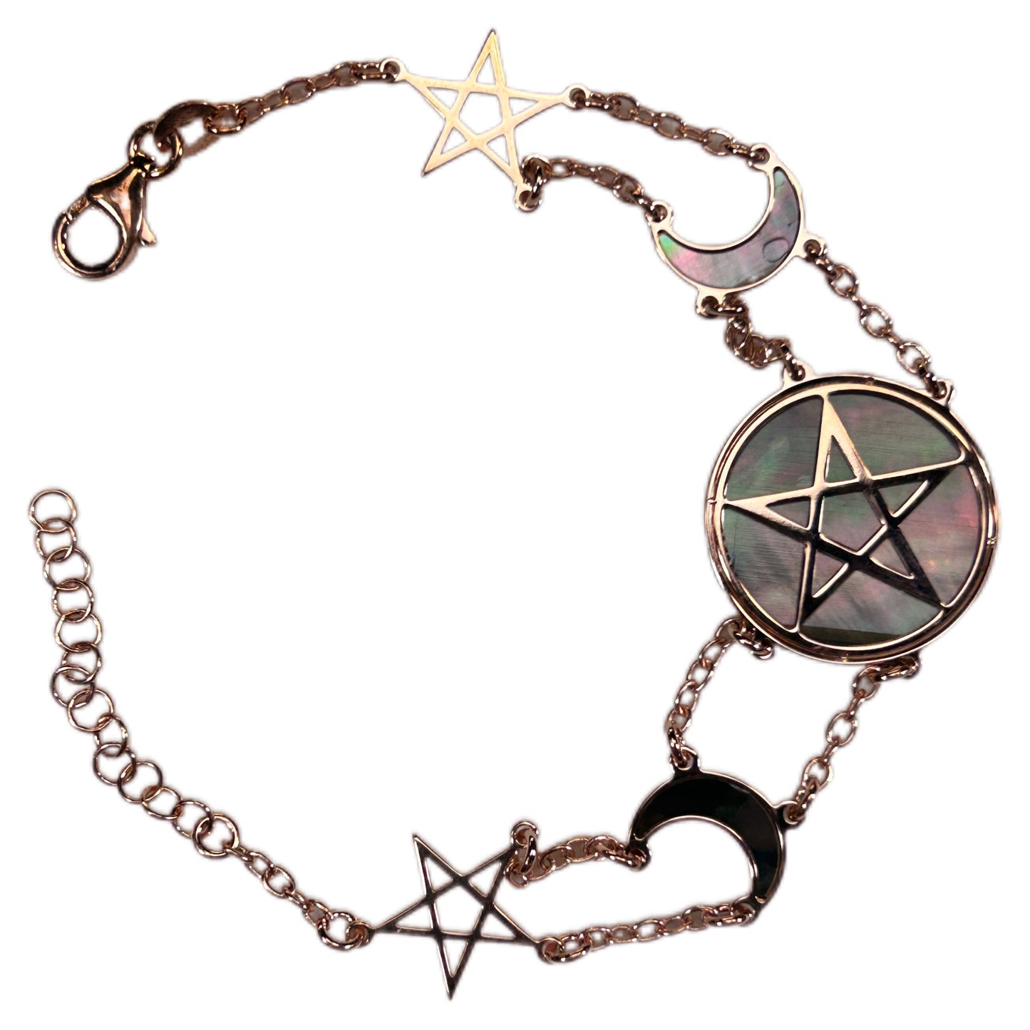 WICCA, BRACCIALE CON SFONDO IN MADREPERLA NATURALE E PENTACOLO AL CENTRO.