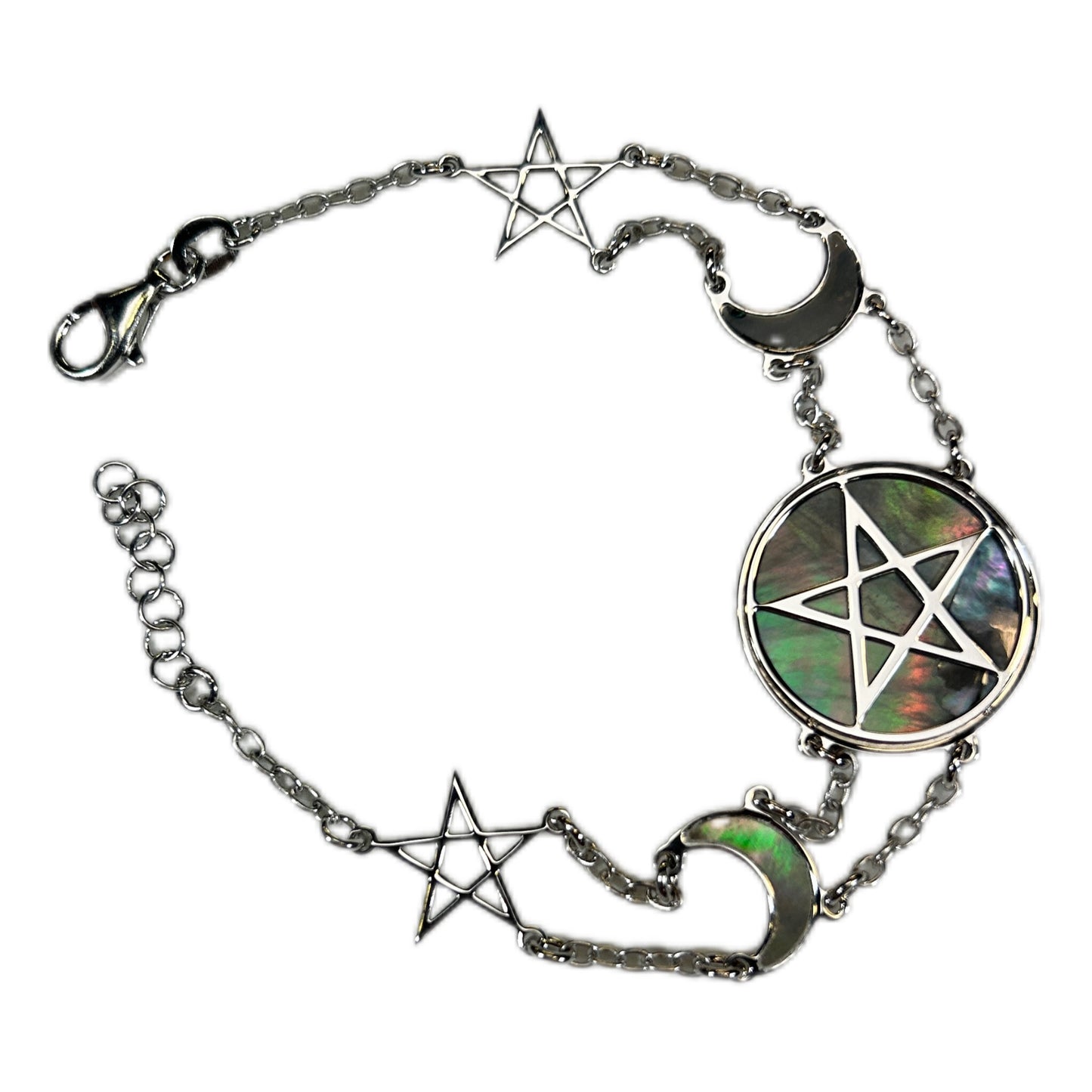 WICCA, BRACCIALE CON SFONDO IN MADREPERLA NATURALE E PENTACOLO AL CENTRO.