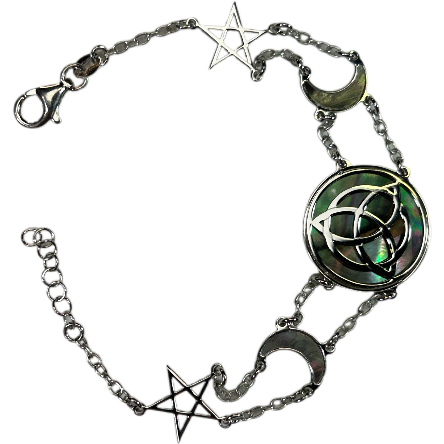 WICCA, BRACCIALE CON SFONDO IN MADREPERLA NATURALE E TRIQUETRA AL CENTRO.