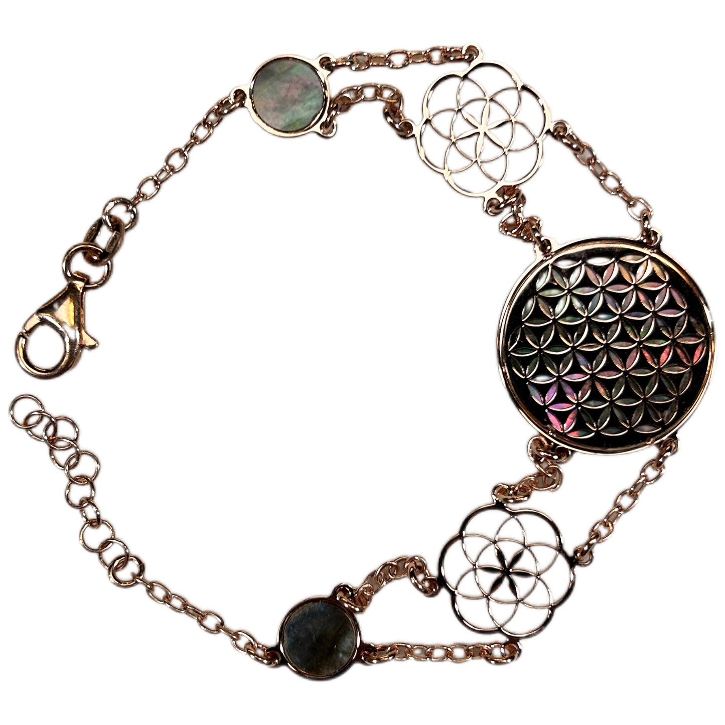 FIORE DELLA VITA, BRACCIALE CON SFONDO IN MADREPERLA NATURALE.