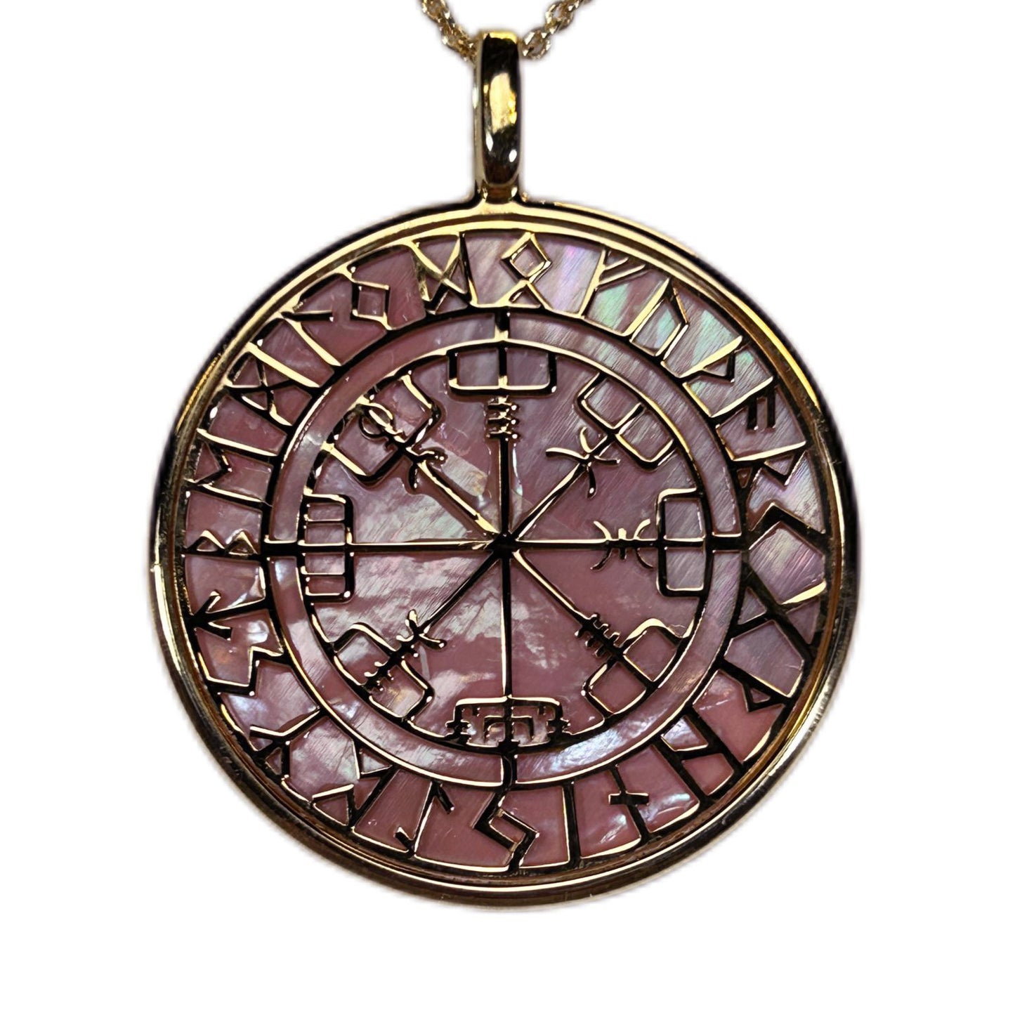 COMPASSO RUNICO O VEGVISIR, CIONDOLO CON SFONDO IN MADREPERLA NATURALE. GIOIELLO CELTICO, STILE GOTICO CON RUNE.