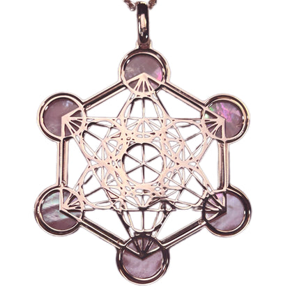 METATRON, CIONDOLO ESAGONALE TRAFORATO CON SFERE IN MADREPERLA NATURALE.