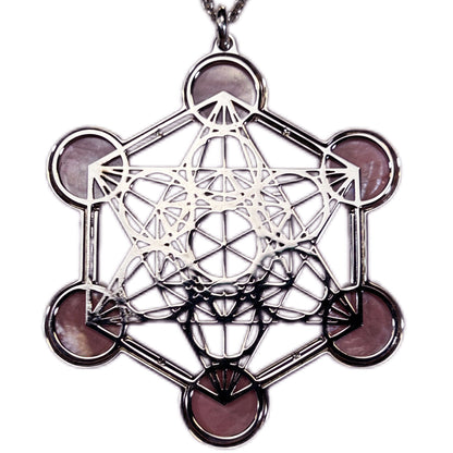 METATRON, CIONDOLO ESAGONALE TRAFORATO CON SFERE IN MADREPERLA NATURALE.