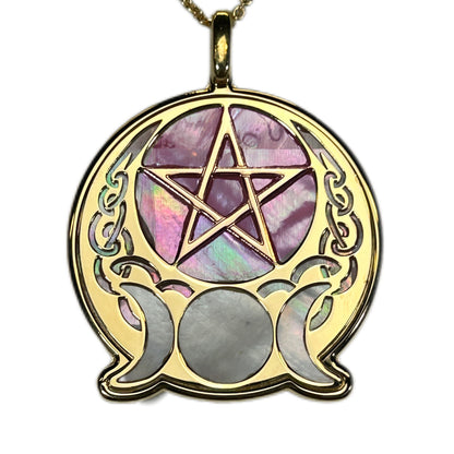 WICCA TRIQUETRA CON PENTACOLO, CIONDOLO CON MADREPERLA LUMINESCENTE.