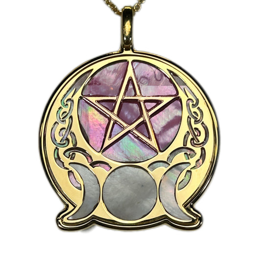 WICCA TRIQUETRA CON PENTACOLO, CIONDOLO CON MADREPERLA LUMINESCENTE.