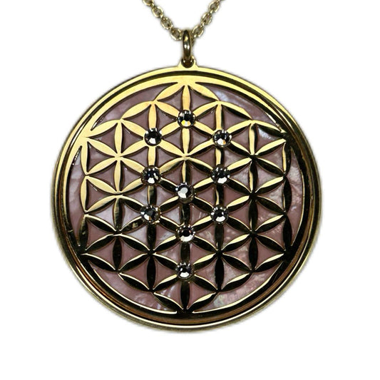 FIORE DELLA VITA, CIONDOLO CON SFONDO IN MADREPERLA NATURALE. GIOIELLO SPIRITUALE GEOMETRIE SACRE.