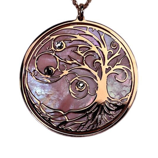 ALBERO DELLA VITA, CIONDOLO CON SFONDO IN MADREPERLA NATURALE E CRISTALLI. GIOIELLO SPIRITUALE COMPOSTO DA PENDENTE E COLLANA.