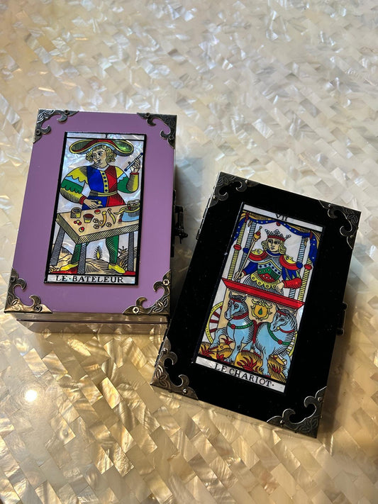 Scrigno in legno con Tarocchi di Marsiglia in Madreperla, scatola delle meraviglie Artigianale Elegante per Carte, Gioielli, Cristalli, Oggetti, Magic box