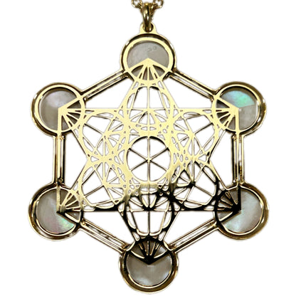 METATRON, CIONDOLO ESAGONALE TRAFORATO CON SFERE IN MADREPERLA NATURALE.