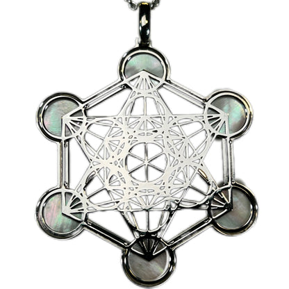 METATRON, CIONDOLO ESAGONALE TRAFORATO CON SFERE IN MADREPERLA NATURALE.